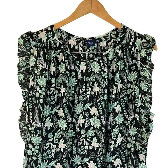 Kaari Floral Sheer Blouse Plus 3X Keyhole Flowy Black Green Pink Ruffle Sleeves - Picture 3 of 7
